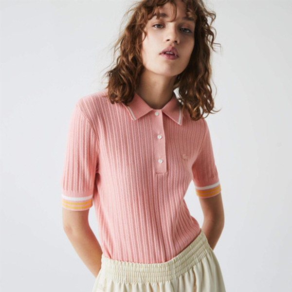 Lacoste WOMEN’S SLIM FIT STRIPED SLEEVE KNIT POLO SHIRT PINK